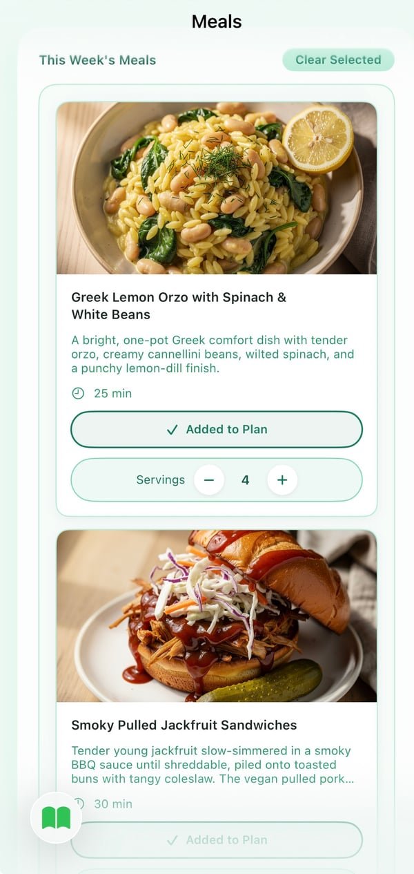 Plantiful Meal app showing this week's meals