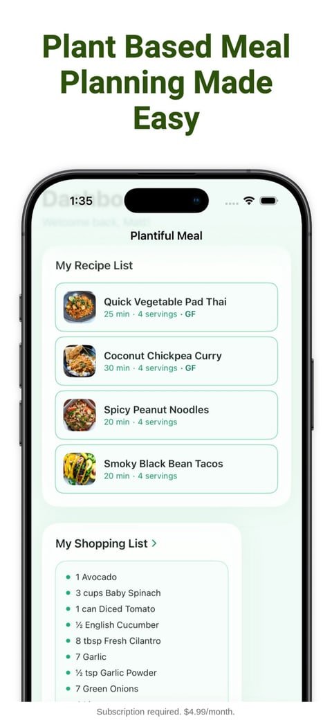 Plantiful Meal app weekly menu screen